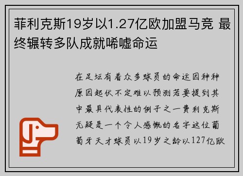 菲利克斯19岁以1.27亿欧加盟马竞 最终辗转多队成就唏嘘命运