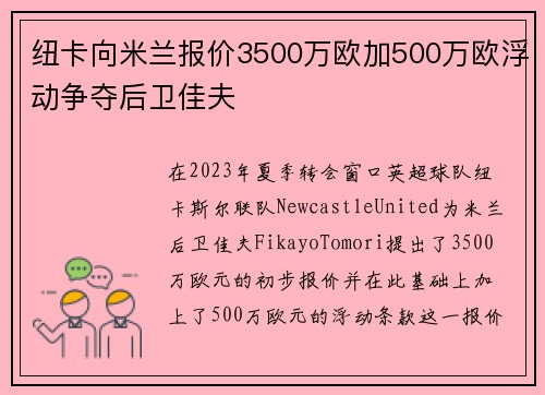 纽卡向米兰报价3500万欧加500万欧浮动争夺后卫佳夫