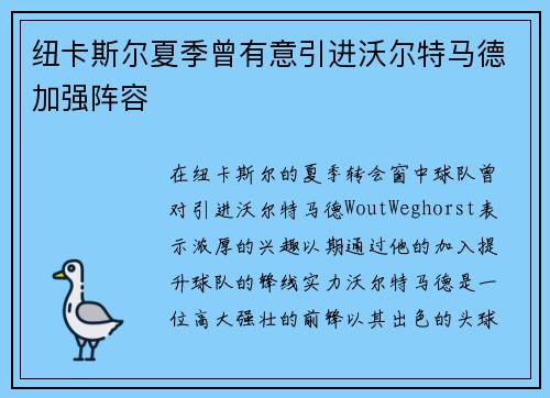 纽卡斯尔夏季曾有意引进沃尔特马德加强阵容